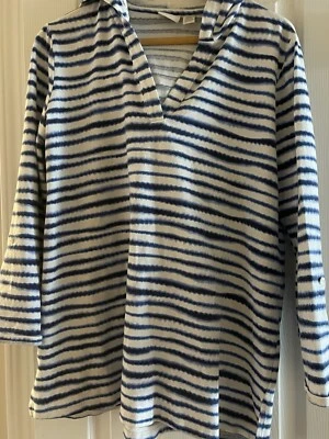 Zenergy by Chicos Women’s Blue White Striped Long Sleeve Pullover Hoodie Size 2 - Image 1 of 4