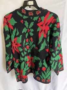 Women’s M Vintage Carolina Colors Knit Acrylic Poinsettia Holly Sweater 90s 80s - Picture 1 of 7