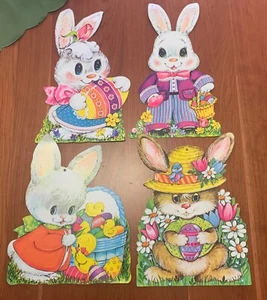 Vintage Easter Bunnies Rabbits Decorations Die Cut 4 Pcs One Sided Made in USA - Picture 1 of 5