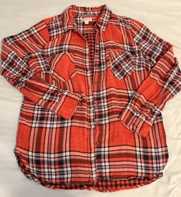 Camisa Merona Mujer L Roja y Azul Franela a Cuadros Abotonada 100% Algodón Bin23 Foto 1 de 4