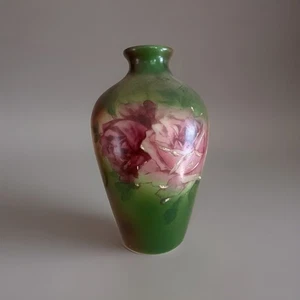 Jarrón bulboso de vidrio esmerilado pintado a mano FOSTORIA antiguo rosas 13”x8” roble - Imagen 1 de 13