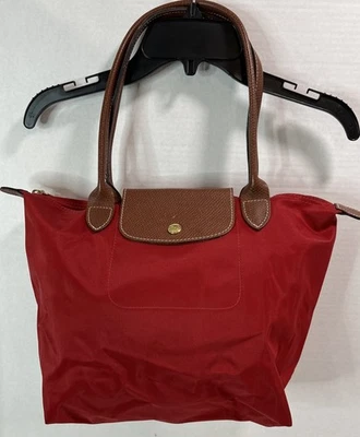Bolsa tote Longchamp Le Pliage média de náilon #2605 vermelha alça dupla excelente limpeza! - Imagem 1 de 4