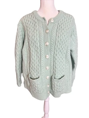 Cárdigan Suéter Tejido con Cable Aran Crafts Verde Irlanda 100% Lana Merino Botón Foto 1 de 4