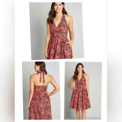 NWT ModCloth Orange Floral Halter Dress, V-Neck, Pockets Fit & Flare Cotton Sz 8 - Image 1 of 4