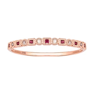 10k Rose Gold Vintage Style Ruby and Diamond Petite Stackable Band - Picture 1 of 5