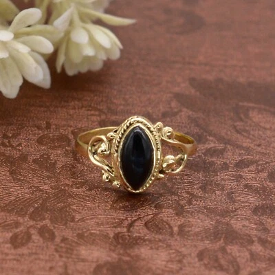 Black Onyx Stone Brass Ring, Handmade Ring, Girl & Women, Marquise Stone Ring - Image 1 of 4