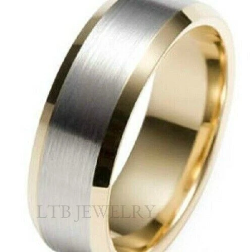 14K TWO TONE GOLD MENS WEDDING BAND RING 8MM BEVELED SATIN FINISH - Image 1 of 1