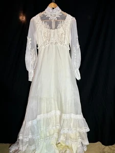 60s 70s Ivory Prairie Victorian Puff Sleeve Lace Bridal Gown Wedding Dress XS S - Picture 1 of 13