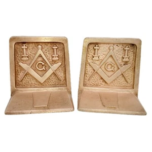 Vintage Free Mason Masonic Bronze Bookends Grand Architect Square & Compass - Picture 1 of 8
