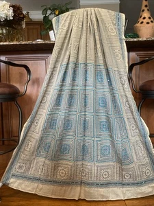 Vintage Sheer Silk Scarf Stole Blue Hand Embellished Block Print Indie XXL OOAK - Picture 1 of 20