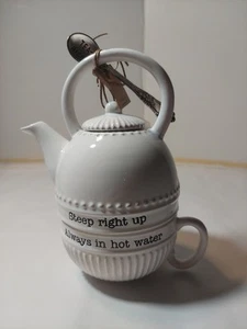 Mud Pie Tea Pot & Tea Cup Set w/ Spoon Steep Right Up Always In Hot Water New - Picture 1 of 6