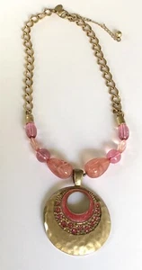 LAURA ASHLEY Necklace with Drop Round Rhinestone Pendant Pink Gold tone - Picture 1 of 4