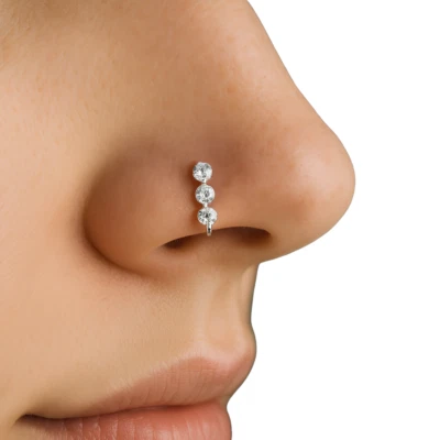 Anello naso 3 zirconi piccolo cristallo trasparente calibro 22 argento 925 sc... - Immagine 1 di 4