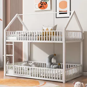 Metal Twin over Twin Size House Bunk Bed Frame with Fence Door White For Kids - Picture 1 of 13