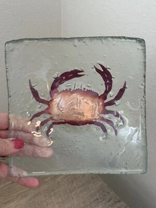 Crab Glass Plate Square Clear Metallic Beachy Trinket Tray Coastal Seafood Sea - Picture 1 of 10