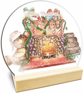 Christmas Fireplace Table Wooden Decor - Merry Christmas Crystal Ball Plaque Wit - Picture 1 of 5