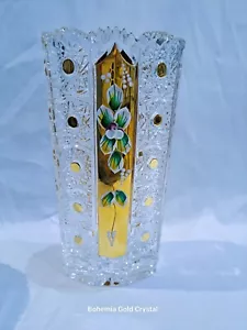 Vetro cristallo di Boemia ceca - Vaso cristallo tagliato 21cm/8" decorato oro e smalto - Foto 1 di 5