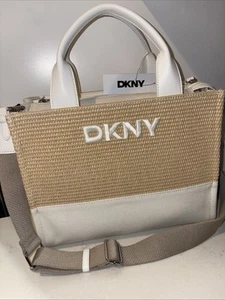 DKNY Logo Tote Hadlee Canvas Tan Straw Look White Trim Crossbody Shoulder Bag - Bild 1 von 7