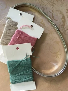 Oval 9x5 Metal Spring Tension Embroidery Hoop Cork Lined VINTAGE with thread - Picture 1 of 2
