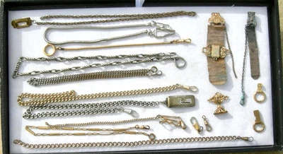 17 pcs ANTIQUE POCKET WATCH FOBS & FOB PARTS, CHAINS, ETC FROM ESTATE COLLECTION - Image 1 of 4