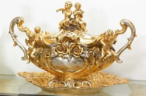 CENTROTAVOLA ZUPPIERA REGALE FIORI PUTTI ANGELI IN CERAMICA FOGLIA ORO ARGENTO - Imagen 1 de 1