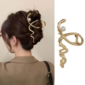 Women's Hair Accessories - Large Metal Claw Hair Clips with Gold Wave Pearl D... - Picture 1 of 8