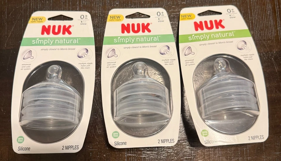 Paquete de 2 pezones NUK Simply Natural 0+M flujo lento anticólicos -3 paquetes Foto 1 de 1