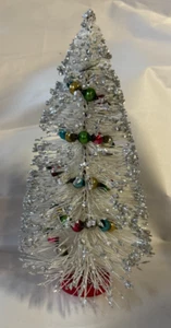 Vintage White Bottle Brush Christmas Tree w/ Mercury Glass Garland Glitter 10.5" - Picture 1 of 5