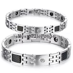 Stainless Steel Link Black Carbon Fiber Men's Women's Couples Magnetic Bracelet - Picture 1 of 10