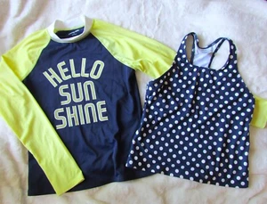 LANDS' END Girls Long Sleeve Rash Guard Navy Dot Tankini Top Swim Shirt Size 14 - Picture 1 of 7