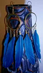 Dramatic Teal Long 3 Feather Dangle Earrings Boho Retro Southwestern Hippie - Picture 1 of 7