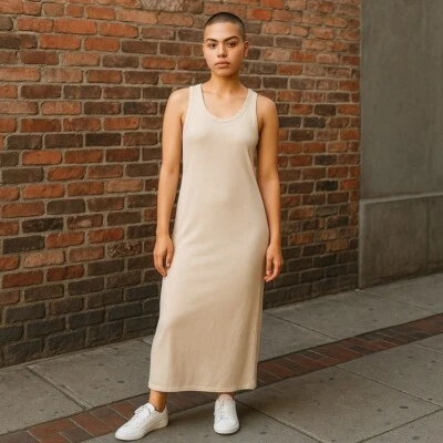 Maxi Vestido Sin Mangas Doble Cero para Mujer Mediano Acanalado Tejido Minimalista Beige Foto 1 de 4