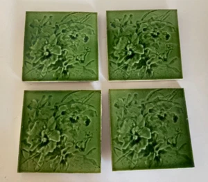 Set of Four 4 x Victorian / Art Nouveau Green Majolica Tiles - Picture 1 of 3