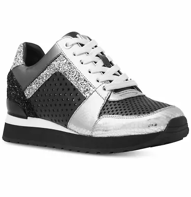  New Michael Kors BILLIE TRAINER Lace Up Sneakers Women's Shoes Black/Silver - Image 1 of 3