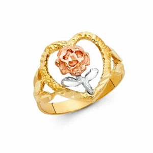 14k Real Solid Tricolor Gold 15 mm Heart Flower Ring Anillo Flor Oro Solido - Picture 1 of 3
