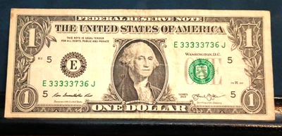  Trinary note 1 dollar bill fancy serial # six 3's five in a row 2013 Bold 3'rd  - Image 1 of 2