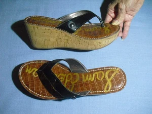 Sam Edelman Womens Romy Black Patent Platform Cork Wedge Thong Sandals Size 8 M - Picture 1 of 4