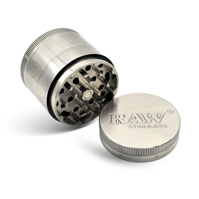 RAW Edelstahl Grinder – 4-tlg, 50 mm Kräuter Mühle mit Sieb & Pollenfach