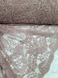 Dusty Rose Beaded Lace Bridal Fabric By The Yard Embroidery Pearls Scalloped Pro - Picture 1 of 12