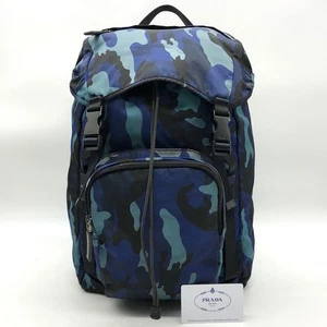 Auth Excellent PRADA Backpack Camouflage Nylon Khaki Blue Unisex No Card P72917 - Picture 1 of 12