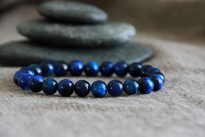 Pulsera elástica de piedras con ojo de tigre azul de 8 mm hecha a mano Foto 1 de 4