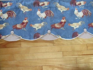 RLF LAYERED ROOSTERS & CHECKERED WHITE LINED VALANCE BUTONS 38"X14.5" DENIM LOOK - Picture 1 of 12