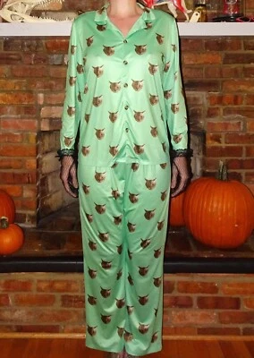 Conjunto de pijama gato verde perfeito L calça pijama e manga longa botão para cima amante de gato - Imagem 1 de 4