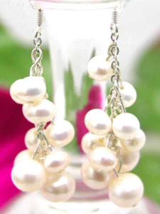 6mm Round Natural White Pearl Earring for Women 2" Dangle Earring Grape Earring - Picture 1 of 6