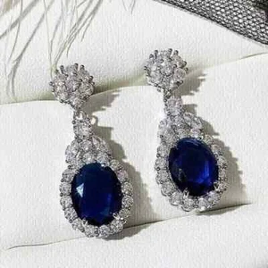 3Ct Oval Cut Lab Created Sapphire Drop/Dangle Earrings 14K White Gold Plated - Picture 1 of 5