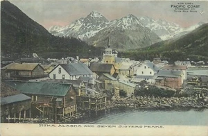 Postal c1910 Sitka Alaska Seven Sisters Peak coloreada a mano ojo de pájaro 25-1225 - Imagen 1 de 2