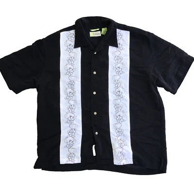Cubavera 花卉短袖纽扣黑色米色衬衫男式 XL 刺绣 — 第 1/4 张图片