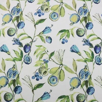 BALLARD DESIGNS ALANA BLUE FRUIT BOTANICAL FLORAL GREEN FABRIC BY THE YARD 56"W - Image 1 of 4