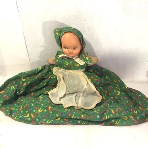 VTG Antique Baby/Rag Doll Plastic/Rubber Face w Lace Apron Cotton Dress Kerchief - Picture 1 of 8
