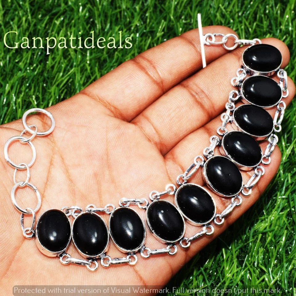 Black Onyx Gemstone Fashion Big Bracelet 925 Sterling Silver Plated Jewelry - Image 1 of 4